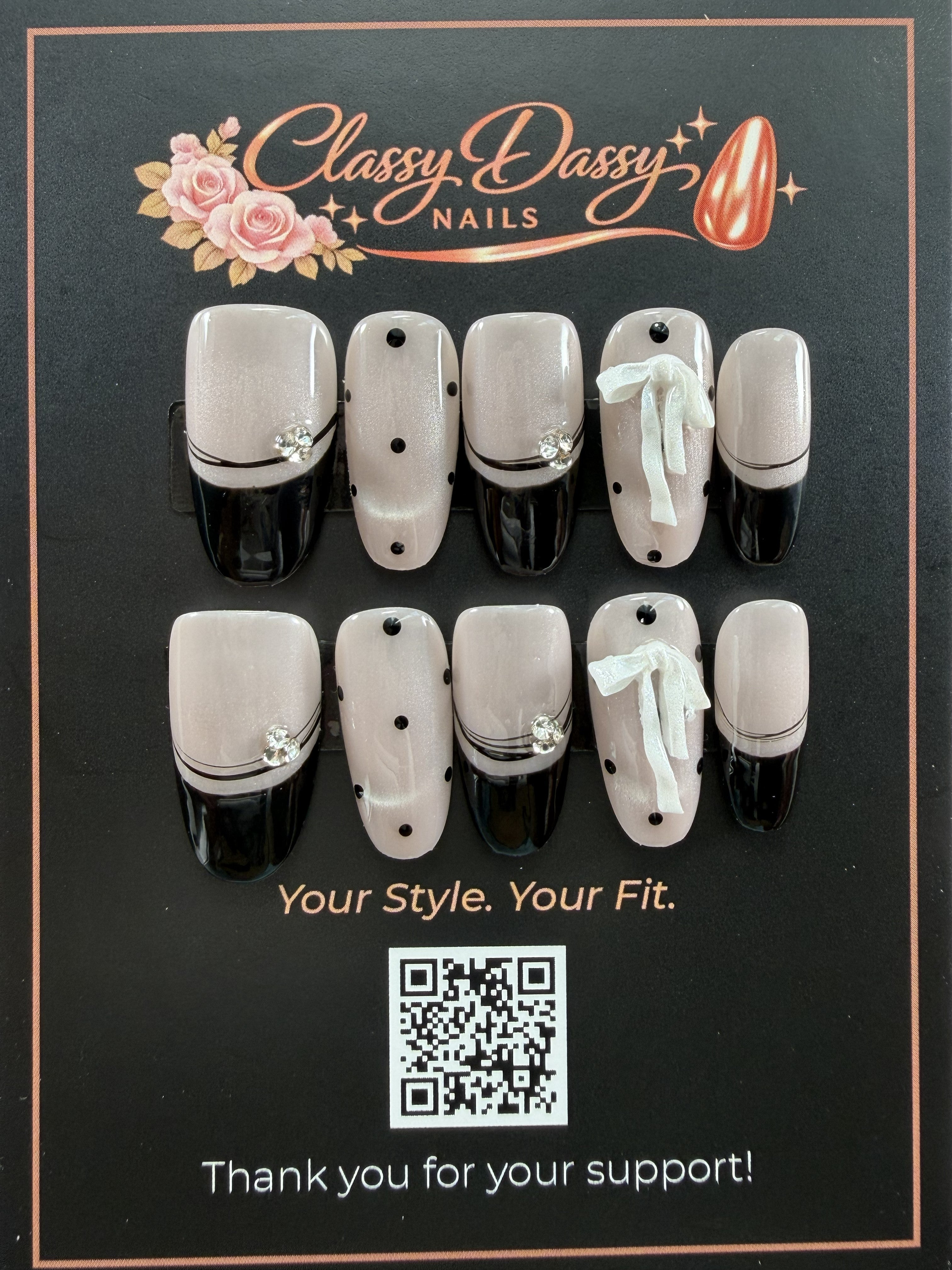 Black French Bow Polka Dot Oval Press-On Nails – Medium Length