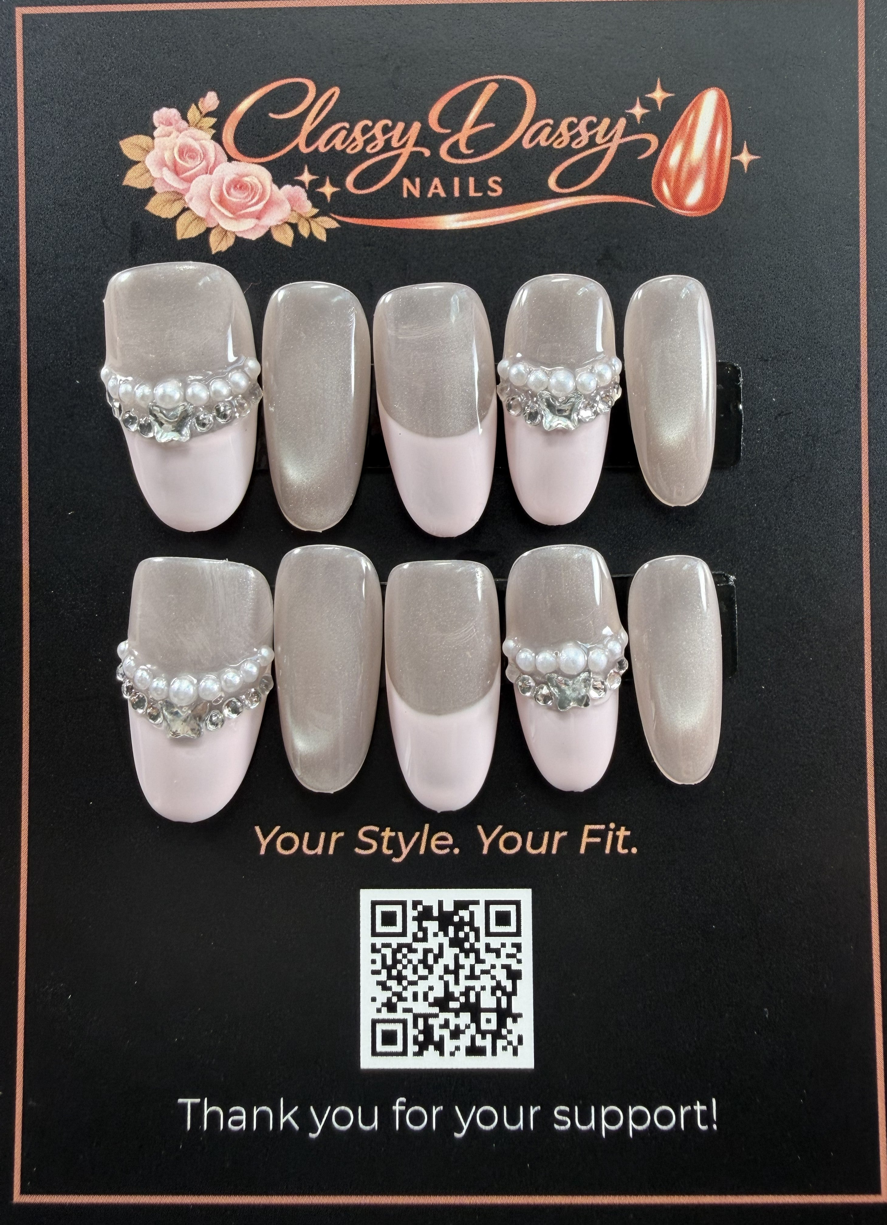 Pearl Rhinestone Border Oval Press-On Nails – Medium Length
