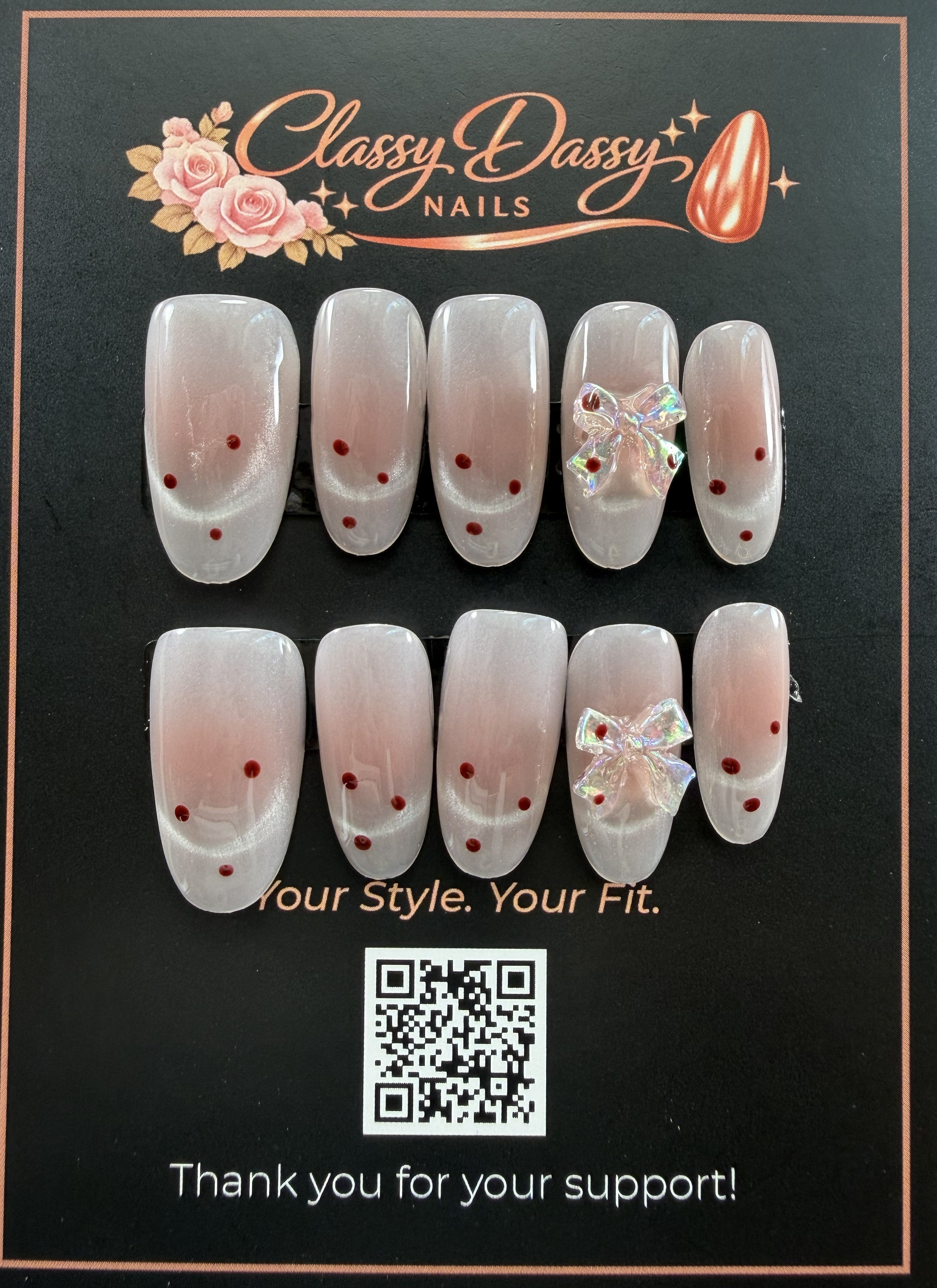Red Dot Iridescent Bow Oval Press-On Nails – Medium Length