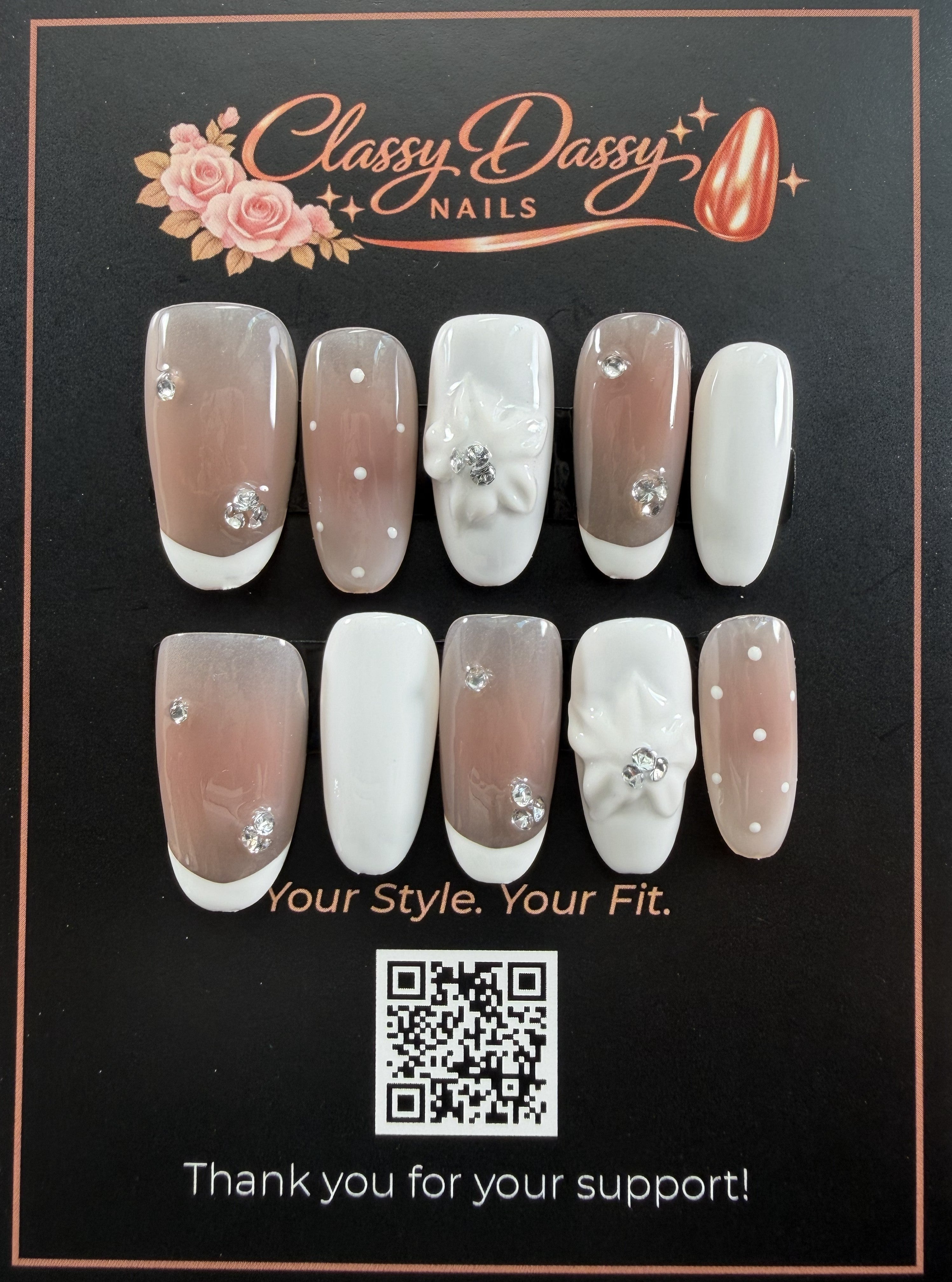 White Bow Polka Dot Oval Press-On Nails – Medium Length
