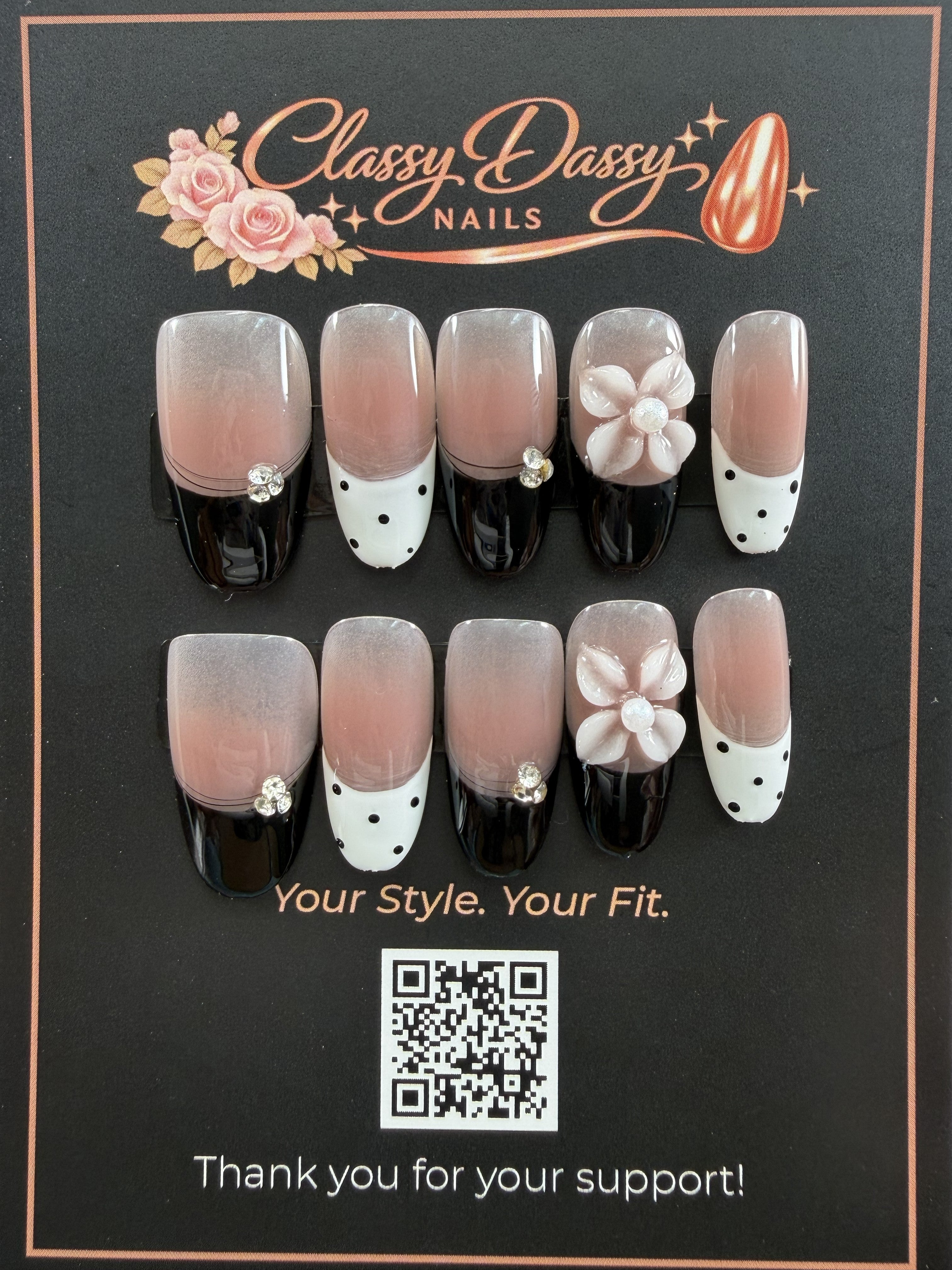 Black Ombre Polka Dot Floral Oval Press-On Nails – Medium Length