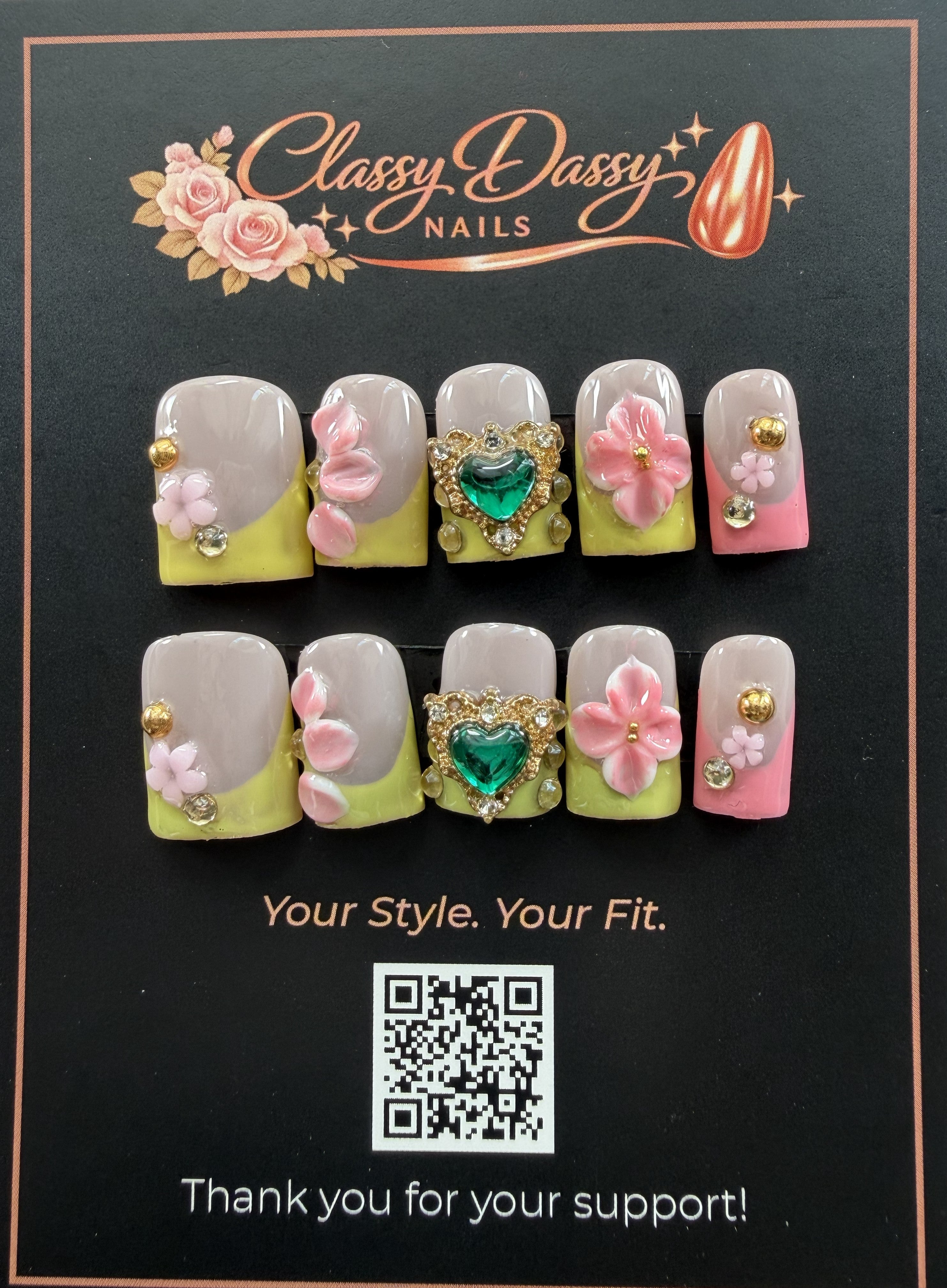 Emerald Heart Bloom Baby Duck Press-On Nails – Short Length