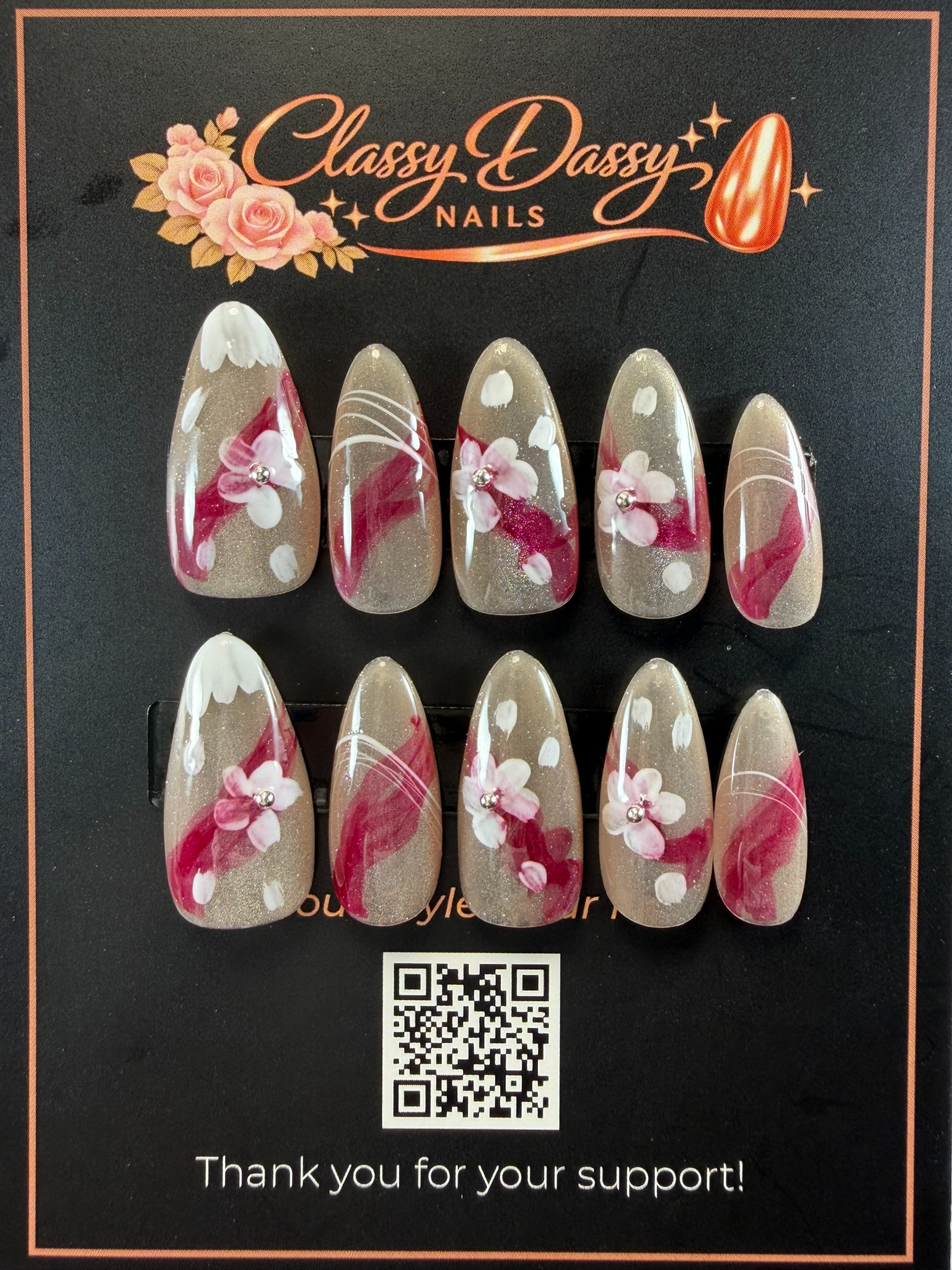 Taupe Glitter Crimson Marble 3D Floral Almond Press-On Nails – Medium Length