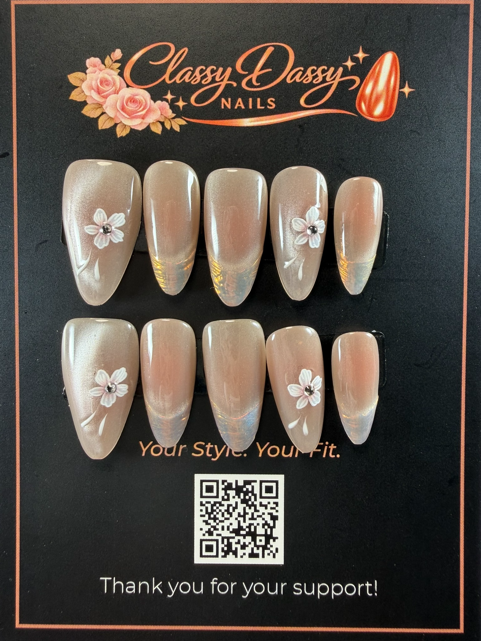 Nude Aurora Chrome 3D Floral Almond Press-On Nails – Medium Length