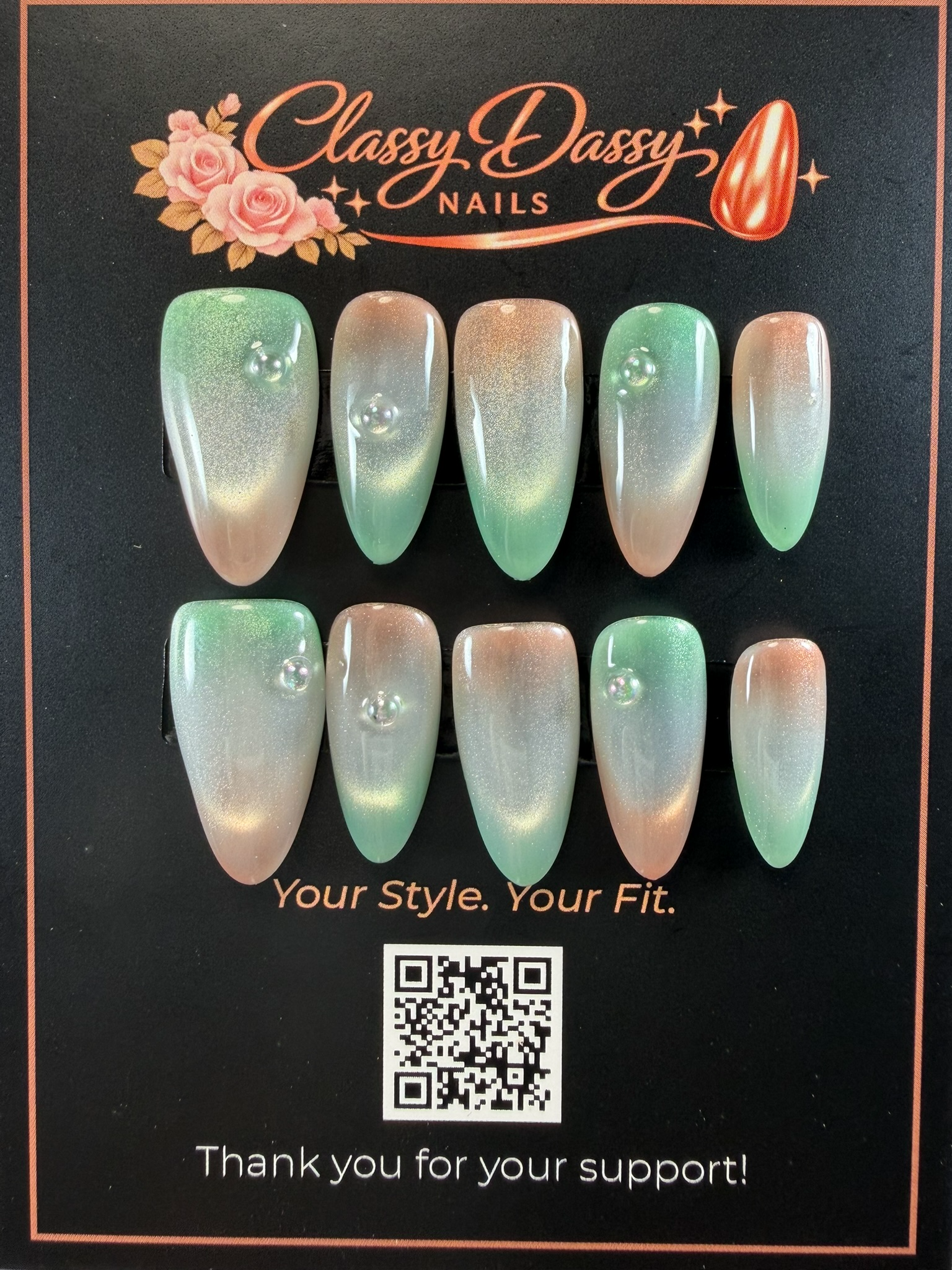 Mint Aurora Chrome Pearl Almond Press-On Nails – Medium Length