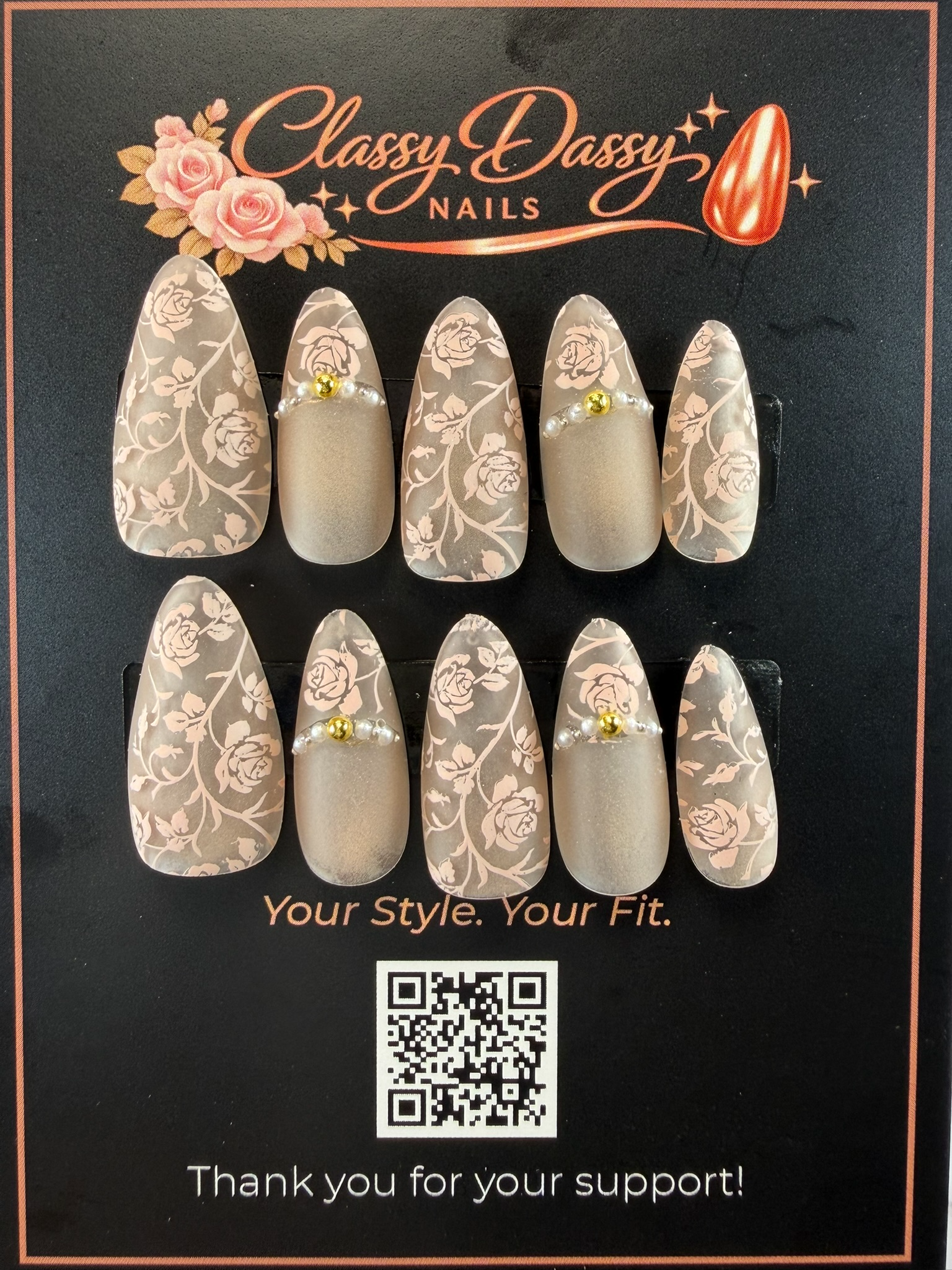 Matte Rose Vine Gold Bead Almond Press-On Nails – Medium Length