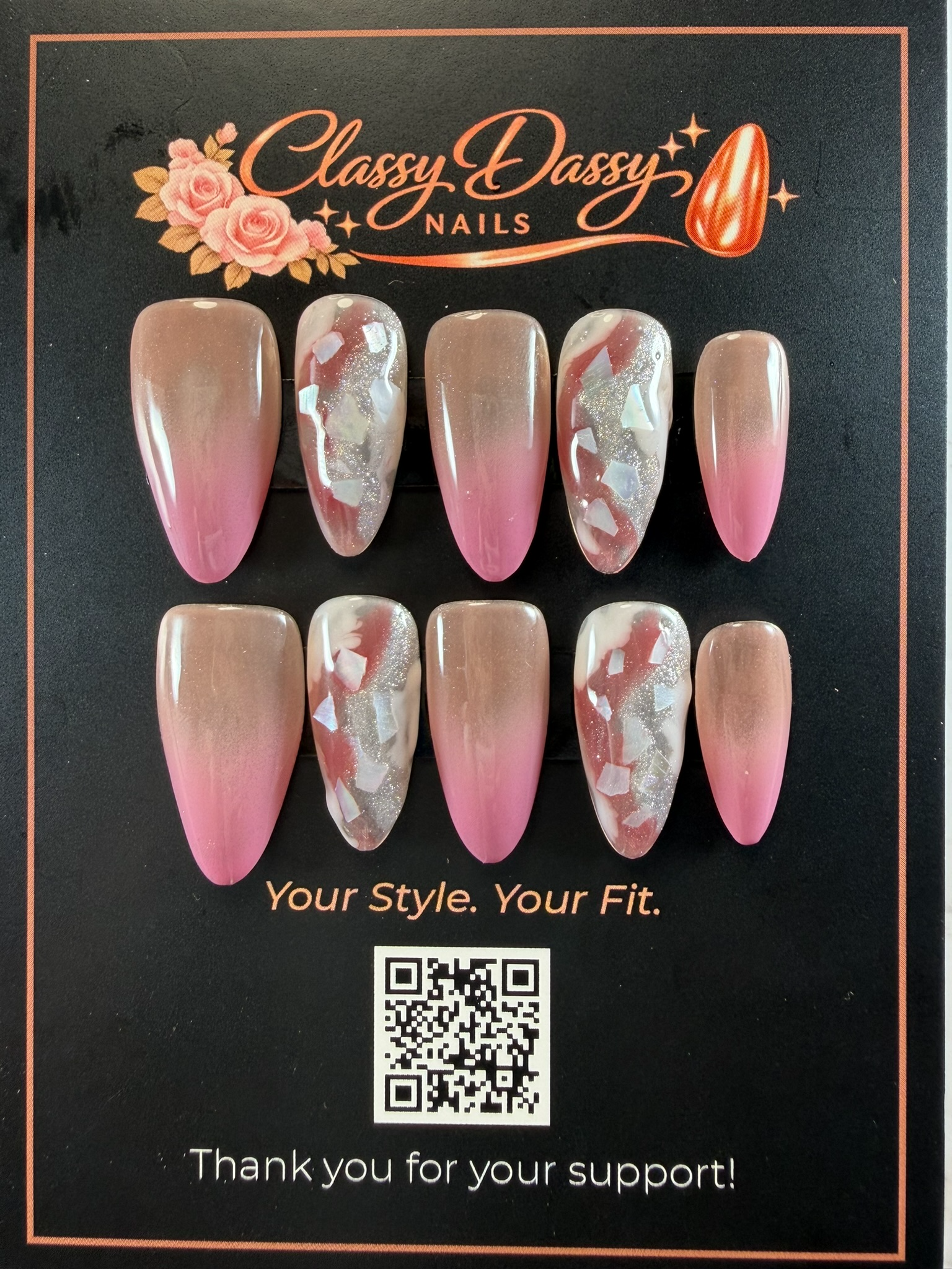 Pink Taupe Marble Shell Almond Press-On Nails – Medium Length