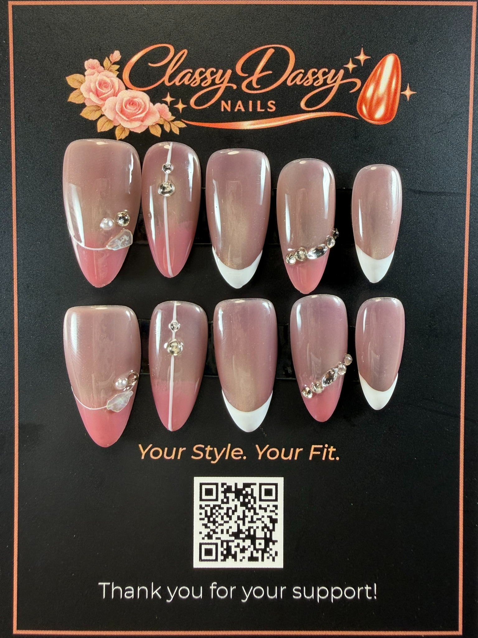 Mauve Ombré French Tip Crystal Chain Almond Press-On Nails – Medium Length
