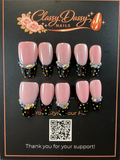 Pink Black Polka Dot Rhinestone French Tip Oval Press-On Nails – Medium Length