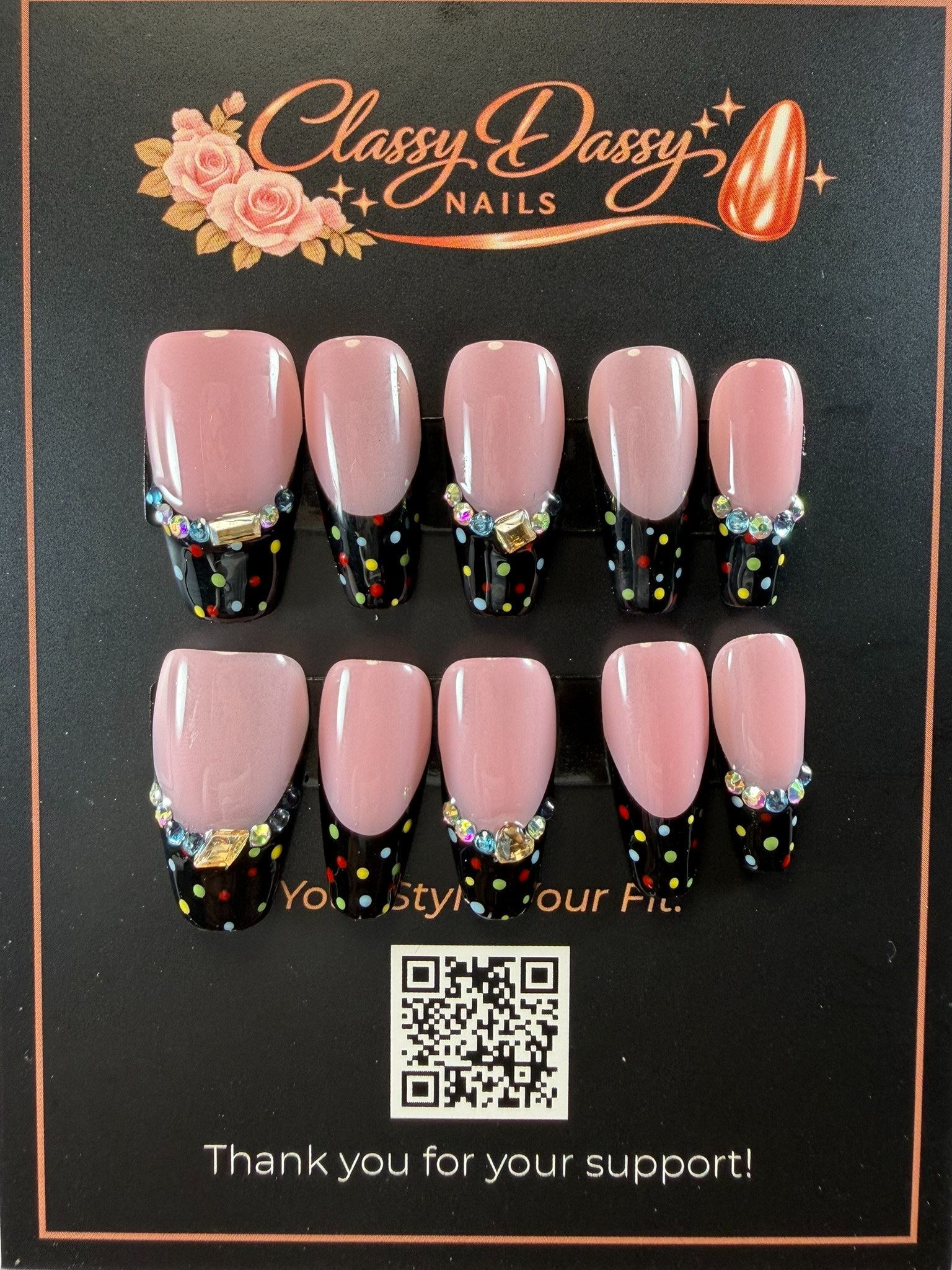 Pink Black Polka Dot Rhinestone French Tip Oval Press-On Nails – Medium Length