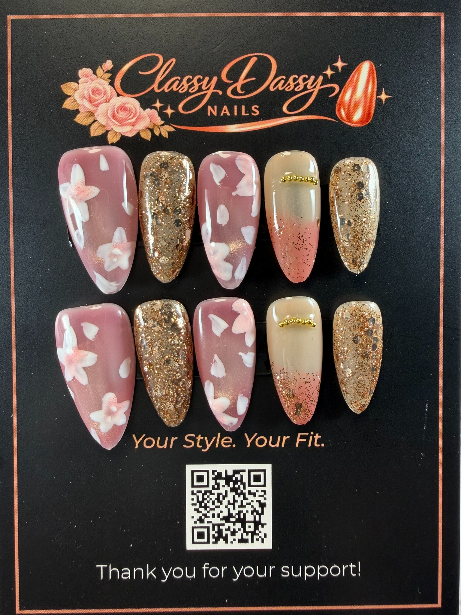 Rose Gold Glitter & Floral Petal Almond Press-On Nails – Medium Length