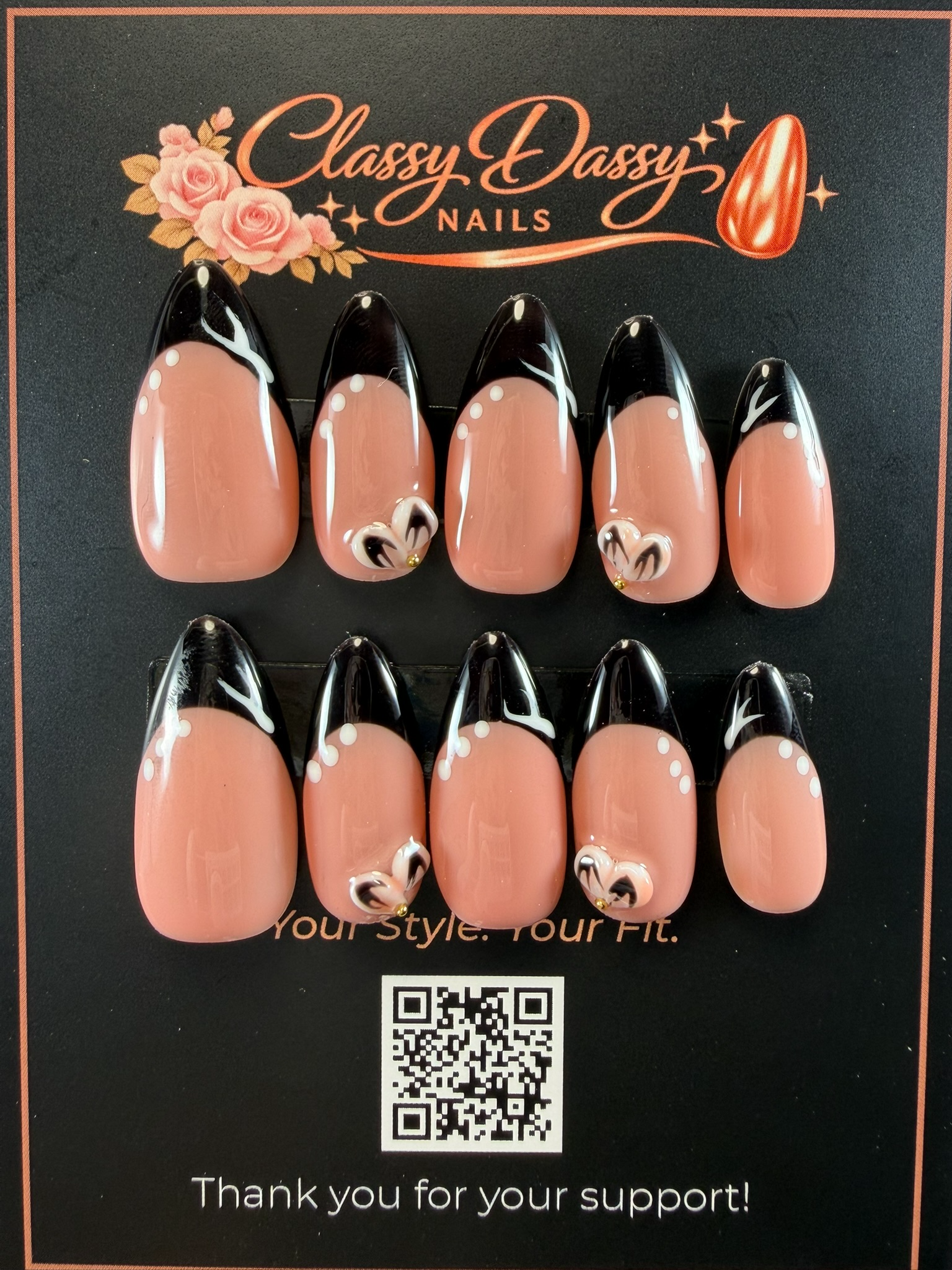 Black French Tip 3D Heart Nude Almond Press-On Nails – Medium Length