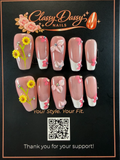 Blush Pink White French Tip 3D Floral Sunflower Coffin Press-On Nails – Medium Length